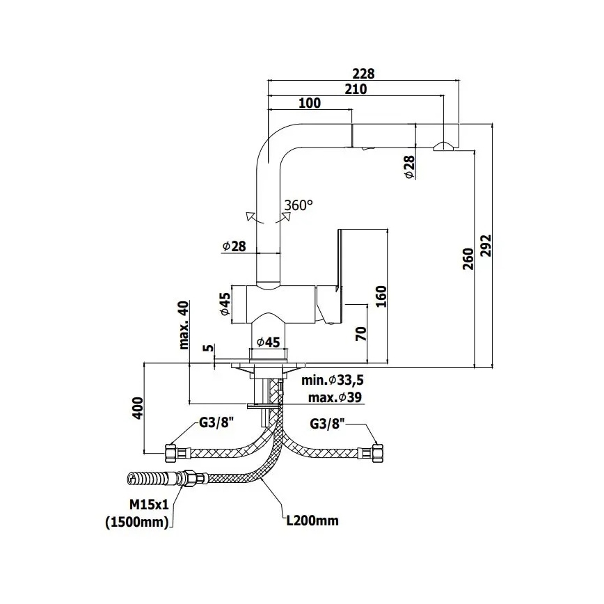 Paffoni - Valamusegisti RINGO 29,2 cm must, väljatõmmatava dušiotsikuga