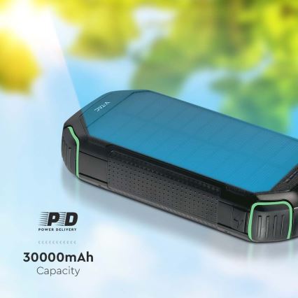 Päikesepaneeliga akupank koos taskulambiga Power Delivery 30000mAh/20W/5V must