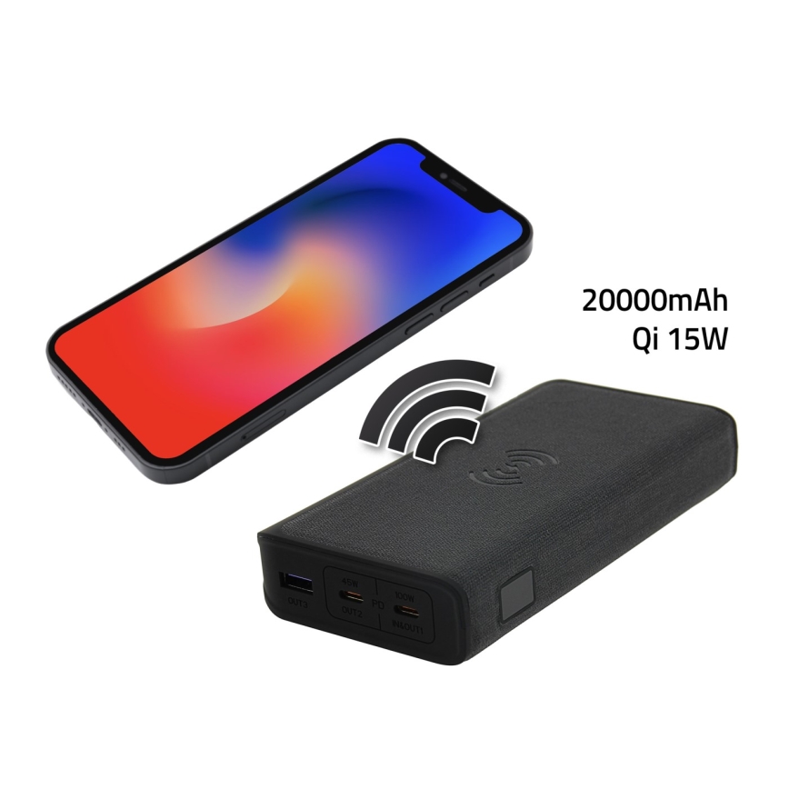 PATONA - Akupank 20000mAh 100W Li-lon 2xUSB-C/1x USB-A koos QI laadimisega