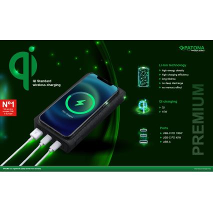 PATONA - Akupank 20000mAh 100W Li-lon 2xUSB-C/1x USB-A koos QI laadimisega