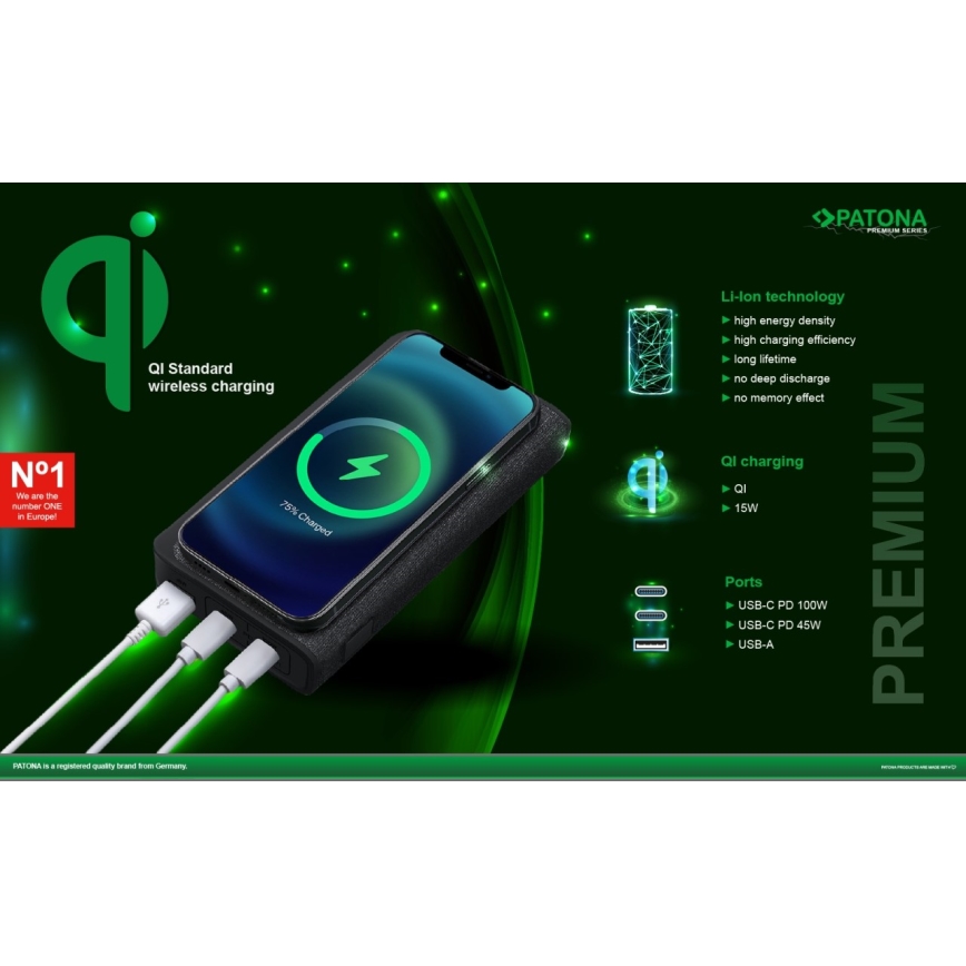 PATONA - Akupank 20000mAh 100W Li-lon 2xUSB-C/1x USB-A koos QI laadimisega