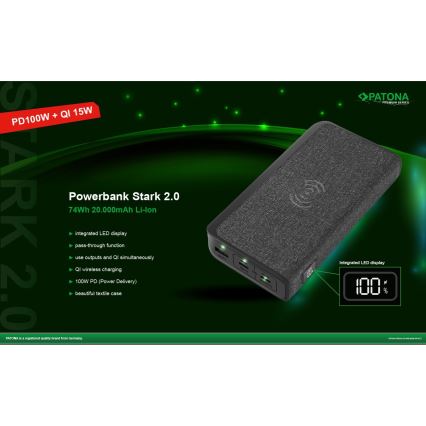 PATONA - Akupank 20000mAh 100W Li-lon 2xUSB-C/1x USB-A koos QI laadimisega