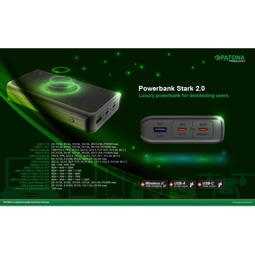 PATONA - Akupank 20000mAh 100W Li-lon 2xUSB-C/1x USB-A koos QI laadimisega