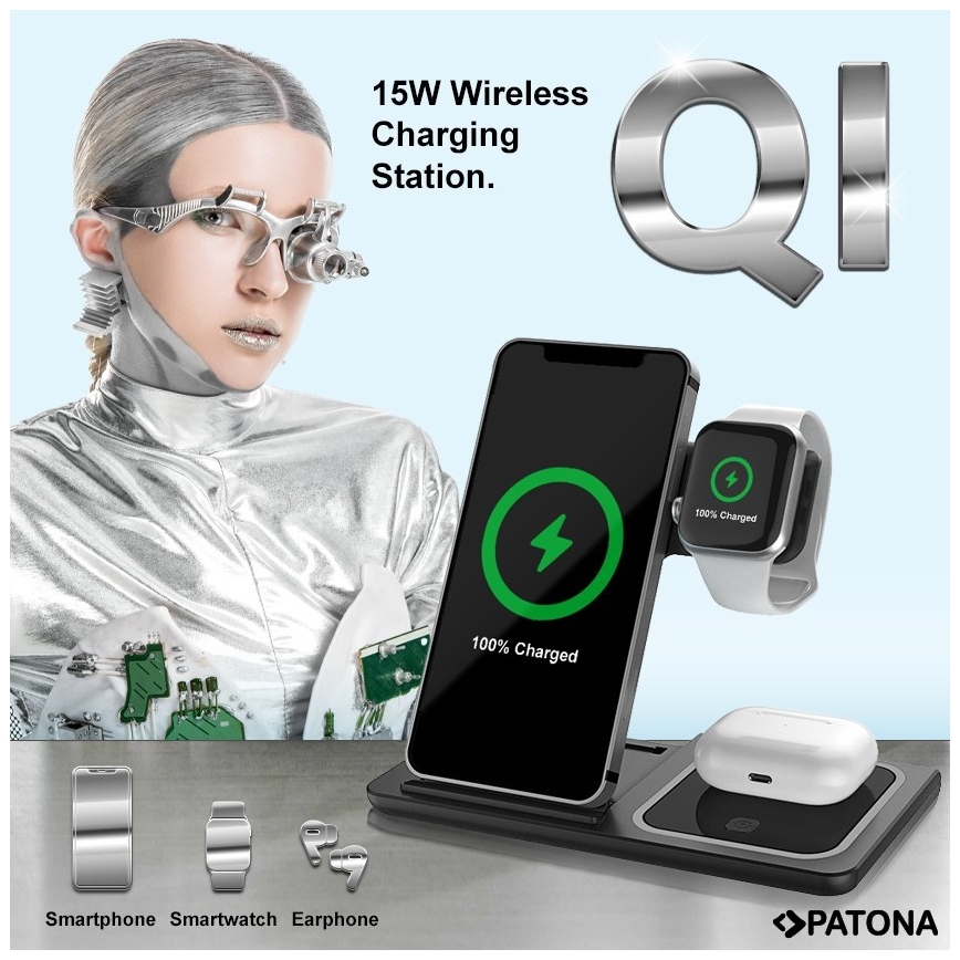 PATONA - Juhtmevaba laadija 3-ühes iPhone jaoks, must