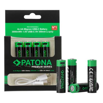 PATONA - KOMPLEKT 4x Aku AA/LR6 Li-Pol 2000mAh 1,5Vs koos USB-C laadimisega