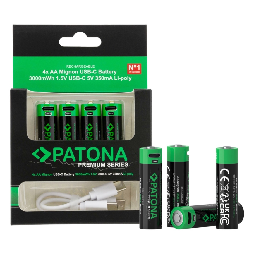 PATONA - KOMPLEKT 4x Aku AA/LR6 Li-Pol 2000mAh 1,5Vs koos USB-C laadimisega