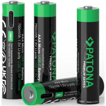 PATONA - KOMPLEKT 4x Aku AAA/LR03 Li-Pol 500mAh 1,5V koos USB-C laadimisega