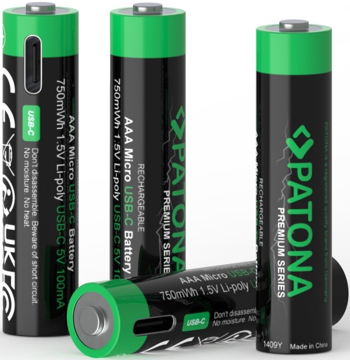 PATONA - KOMPLEKT 4x Aku AAA/LR03 Li-Pol 500mAh 1,5V koos USB-C laadimisega