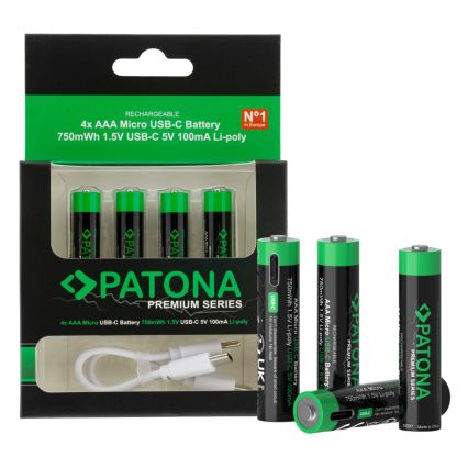 PATONA - KOMPLEKT 4x Aku AAA/LR03 Li-Pol 500mAh 1,5V koos USB-C laadimisega