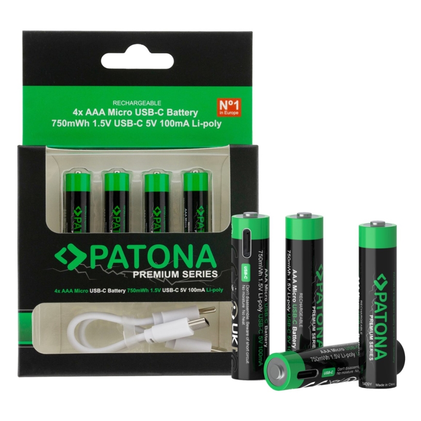 PATONA - KOMPLEKT 4x Aku AAA/LR03 Li-Pol 500mAh 1,5V koos USB-C laadimisega