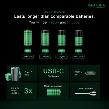 PATONA - KOMPLEKT 4x Aku AAA/LR03 Li-Pol 500mAh 1,5V koos USB-C laadimisega