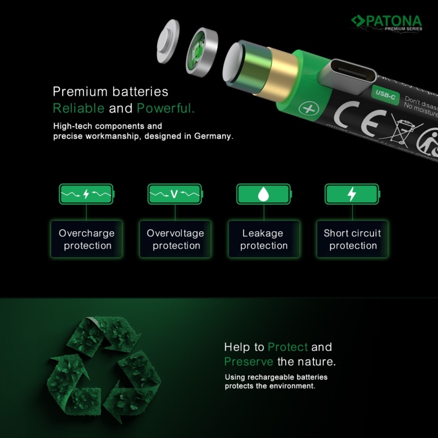 PATONA - KOMPLEKT 4x Aku AAA/LR03 Li-Pol 500mAh 1,5V koos USB-C laadimisega
