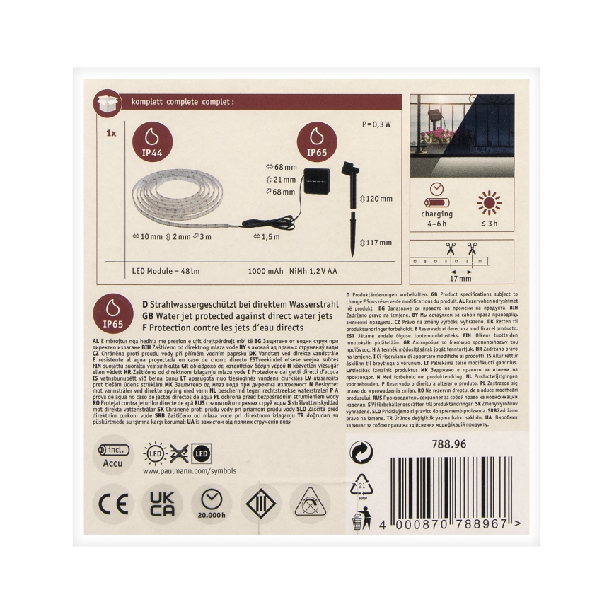 Paulmann 78896 - LED/0,3W IP44 Päikesepaneeliga riba 3m 1,2V 1000 mAh