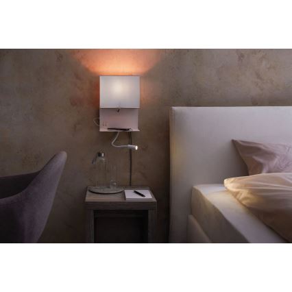 Paulmann 78913 - MERANI seinavalgusti riiuliga ja USB-pordiga, LED 2,5 W + 1x E27/40 W, 230 V, valge