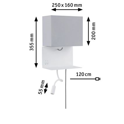 Paulmann 78913 - MERANI seinavalgusti riiuliga ja USB-pordiga, LED 2,5 W + 1x E27/40 W, 230 V, valge