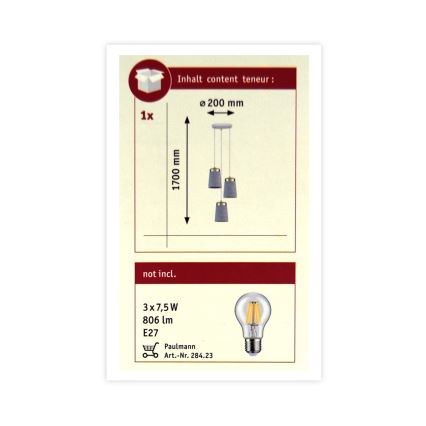 Paulmann 79627 - Lühter NORELL 3xE27/20W/230V betoon