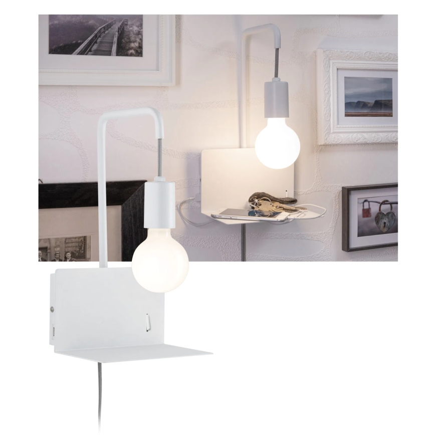 Paulmann 79812 - 1xE27/40W seinavalgusti riiuliga ja USB-pordiga CALVANI 230V valge