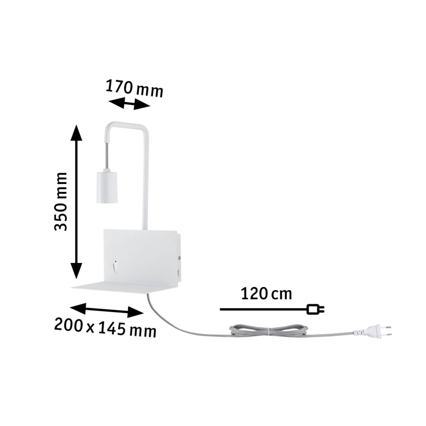Paulmann 79812 - 1xE27/40W seinavalgusti riiuliga ja USB-pordiga CALVANI 230V valge