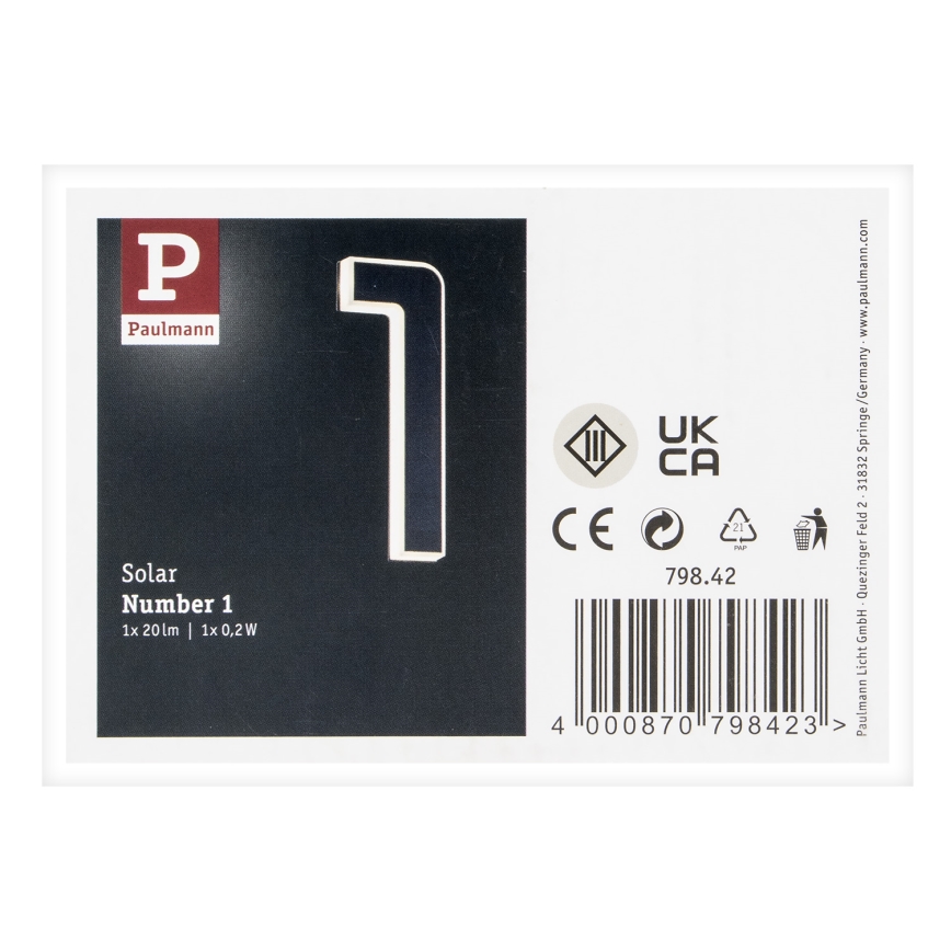 Paulmann 79842 - LED/0,2W IP44 Päikesepaneeliga majanumber 1,2V 1500 mAh