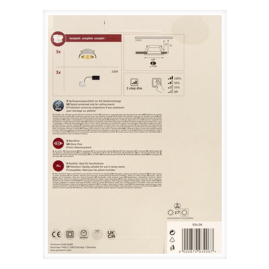 Paulmann 93406 - KOMPLEKT 3xLED/6,5W IP44 Hämardatav süvistatav vannitoavalgusti COLE 230V
