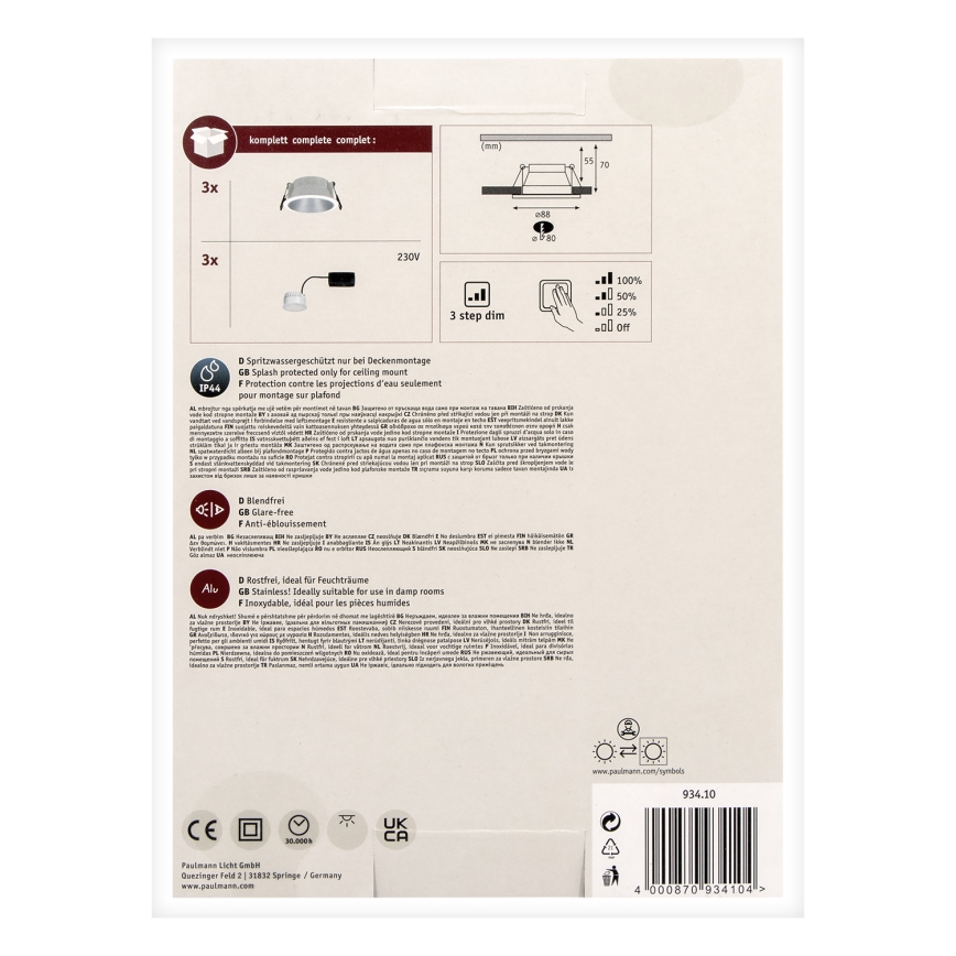 Paulmann 93410 - KOMPLEKT 3xLED/6,5W IP44 Hämardatav süvistatav vannitoavalgusti COLE 230V