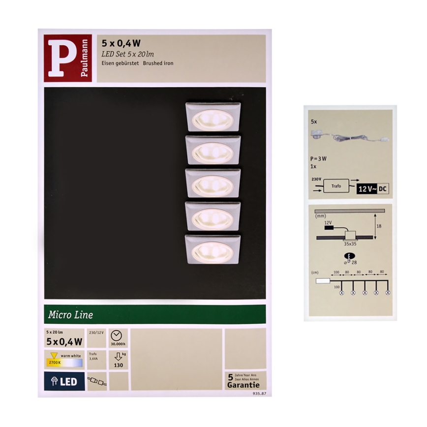 Paulmann 93587 - KOMPLEKT 5xLED/0,4W Süvistatav valgusti 12V/230V 2700K