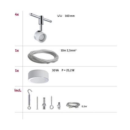 Paulmann 94080 - Komplekt 4xLED/4,8W: täislahendus STAGE kaablisüsteem 230V, läikiv kroom