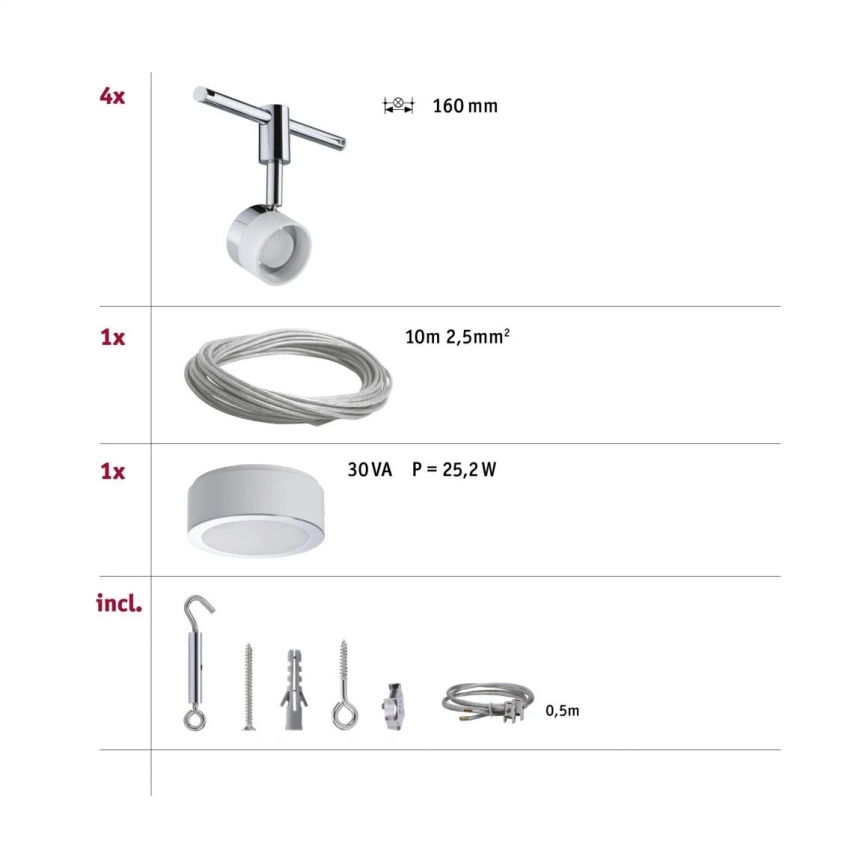 Paulmann 94080 - Komplekt 4xLED/4,8W: täislahendus STAGE kaablisüsteem 230V, läikiv kroom