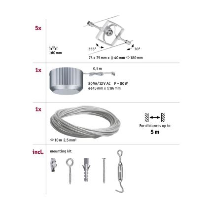 Paulmann 94133 - KOMPLEKT 5xGU5,3/10W Kohtvalgusti nöörisüsteemile MAC 230V kroom