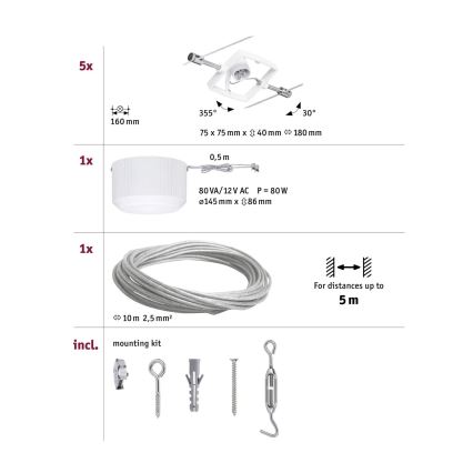 Paulmann 94134 - Komplekt 5x GU5.3/10W, täielik MAC kaablisüsteem 230 V, valge