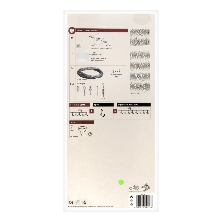 Paulmann 94134 - Komplekt 5x GU5.3/10W, täielik MAC kaablisüsteem 230 V, valge