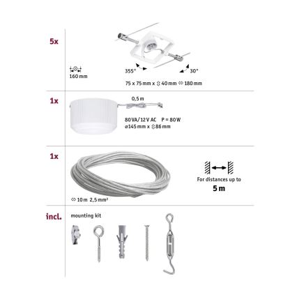 Paulmann 94134 - KOMPLEKT 5xGU5,3/10W Kohtvalgusti nöörisüsteemile MAC 230V valge