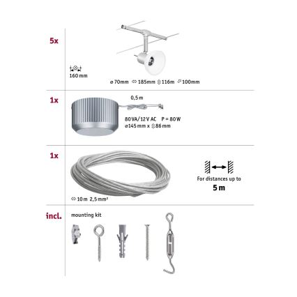 Paulmann 94136 - Komplekt 5xGU5,3/10W Täielik kaablisüsteem SHEELA 230V läikiv kroom