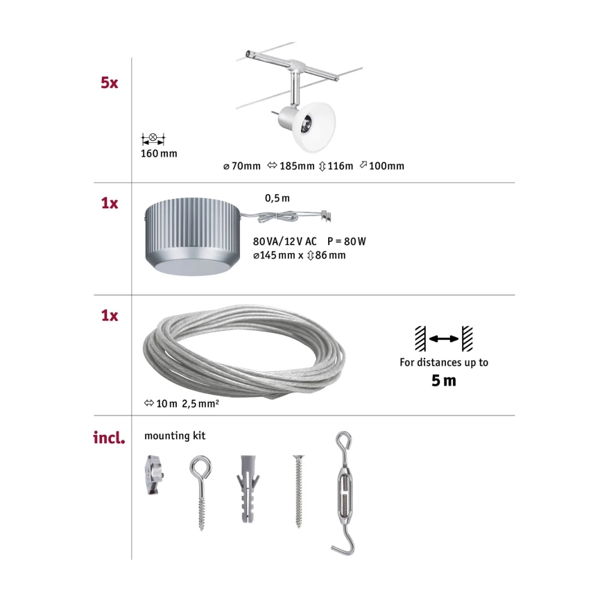 Paulmann 94136 - Komplekt 5xGU5,3/10W Täielik kaablisüsteem SHEELA 230V läikiv kroom