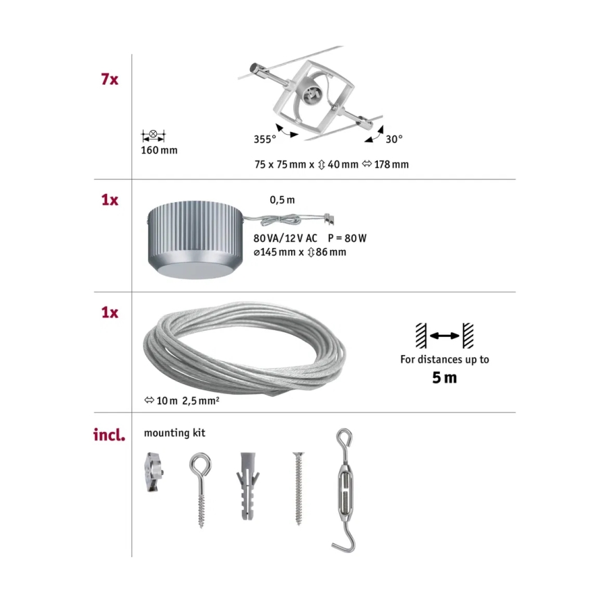 Paulmann 94152 - komplekt 7xGU5,3/10W: täielik MAC kaablisüsteem 230V, mattkroom