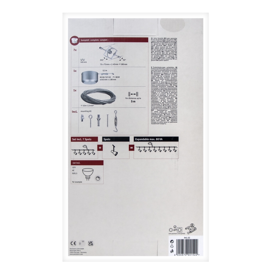 Paulmann 94152 - komplekt 7xGU5,3/10W: täielik MAC kaablisüsteem 230V, mattkroom