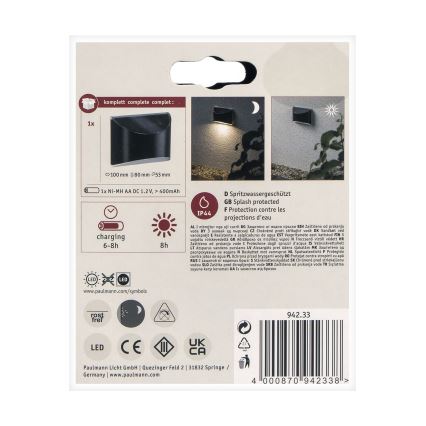 Paulmann 94233 - LED/0,05W IP44 Päikesepaneeliga seinavalgusti ELLIOT 1,2V 400 mAh