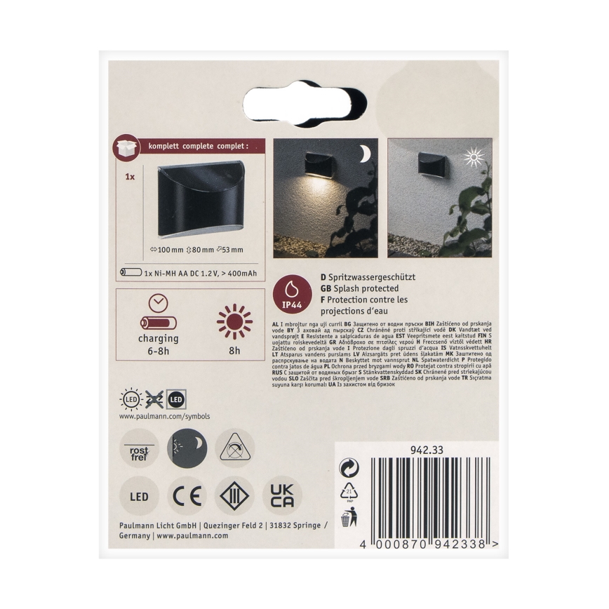 Paulmann 94233 - LED/0,05W IP44 Päikesepaneeliga seinavalgusti ELLIOT 1,2V 400 mAh