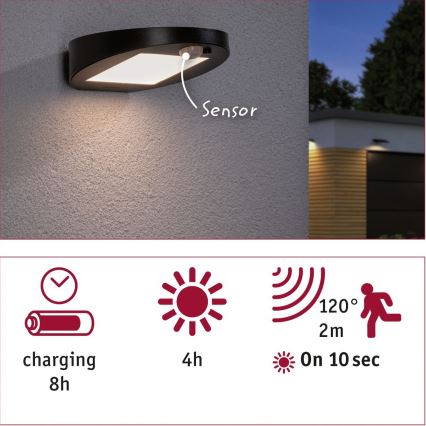 Paulmann 94246 - LED/1,2W IP44 Väli päikesepaneeliga valgusti anduriga RYSE 3,7V 1800 mAh