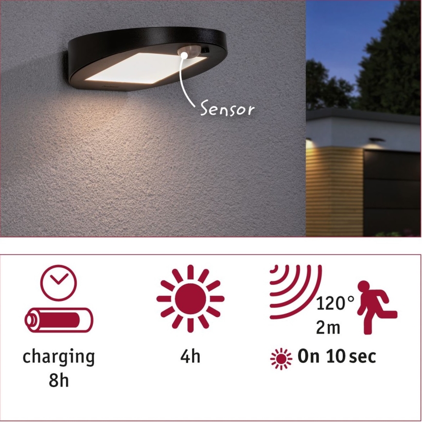 Paulmann 94246 - LED/1,2W IP44 Väli päikesepaneeliga valgusti anduriga RYSE 3,7V 1800 mAh