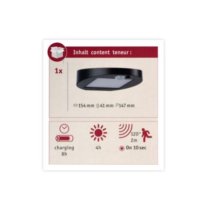Paulmann 94246 - LED/1,2W IP44 Väli päikesepaneeliga valgusti anduriga RYSE 3,7V 1800 mAh