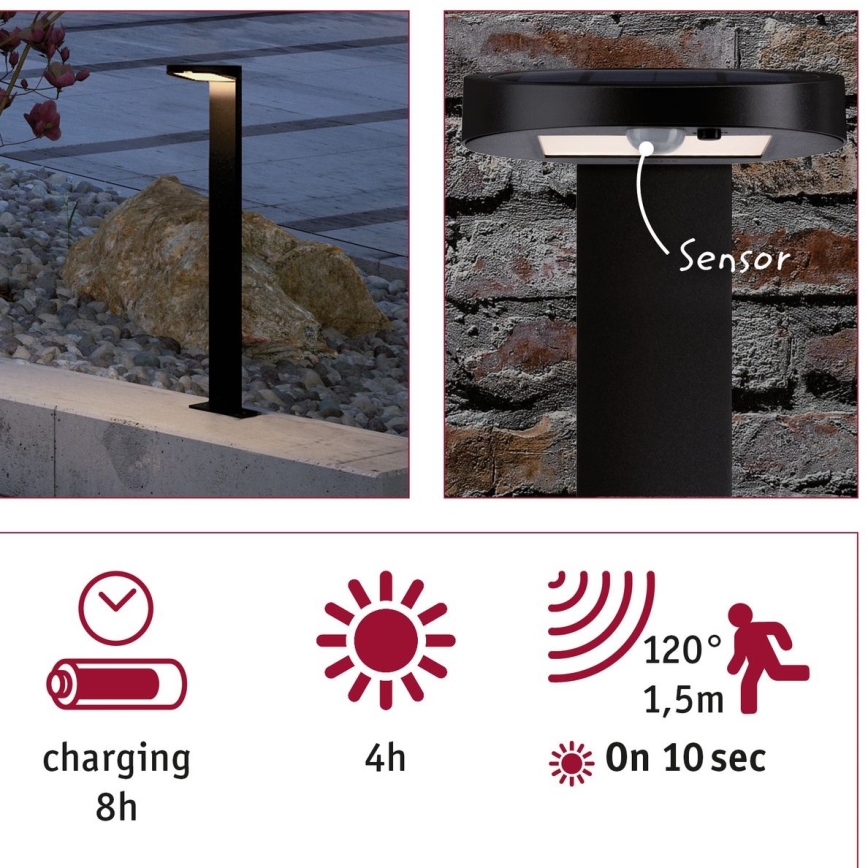 Paulmann 94249 - LED/1,2W IP44 Väli päikesepaneeliga lamp anduriga RYSE 3,7V 1800 mAh