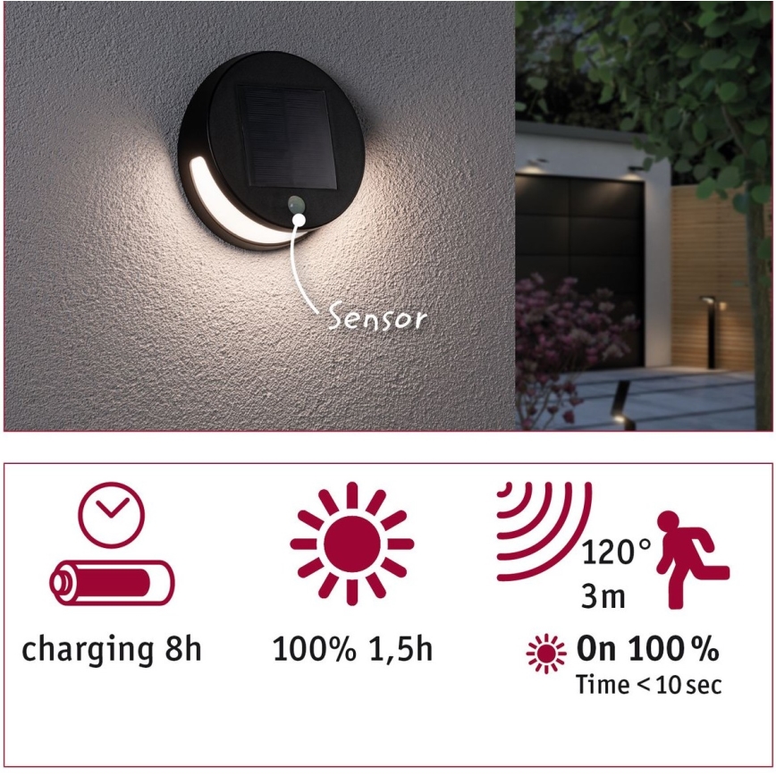 Paulmann 94265 - LED/3W IP44 Väli päikesepaneeliga valgusti anduriga HELENA 3,7V 1800 mAh
