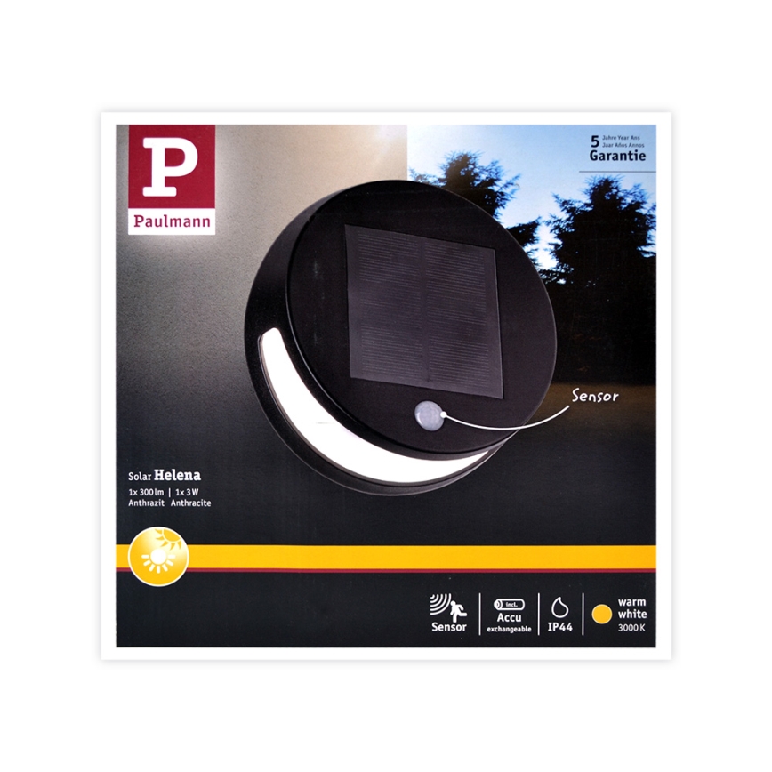Paulmann 94265 - LED/3W IP44 Väli päikesepaneeliga valgusti anduriga HELENA 3,7V 1800 mAh