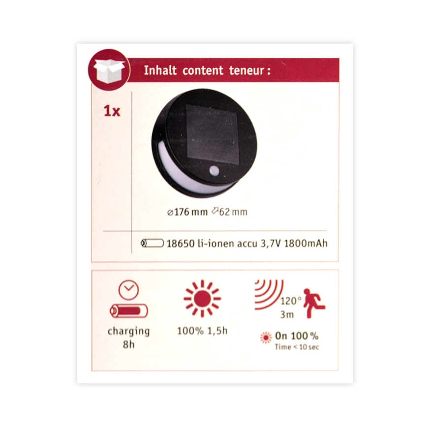 Paulmann 94265 - LED/3W IP44 Väli päikesepaneeliga valgusti anduriga HELENA 3,7V 1800 mAh