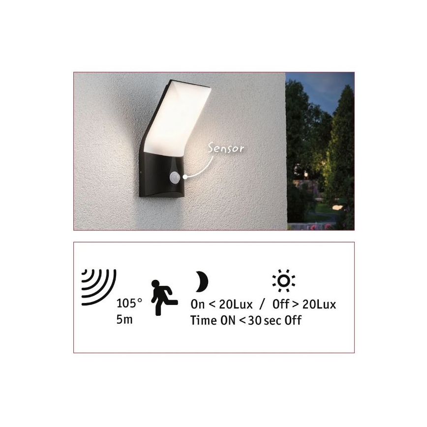 Paulmann 94402 - LED/10W IP44 Väli seinavalgusti koos anduriga ADYA 230V