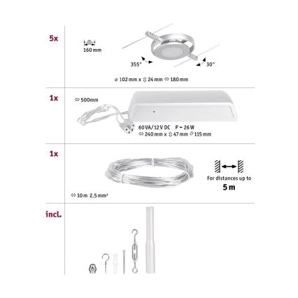 Paulmann 94414 - KOMPLEKT 5xLED/4,5W Kohtvalgusti nöörisüsteemile ROUNDMAC 230V läikiv kroom