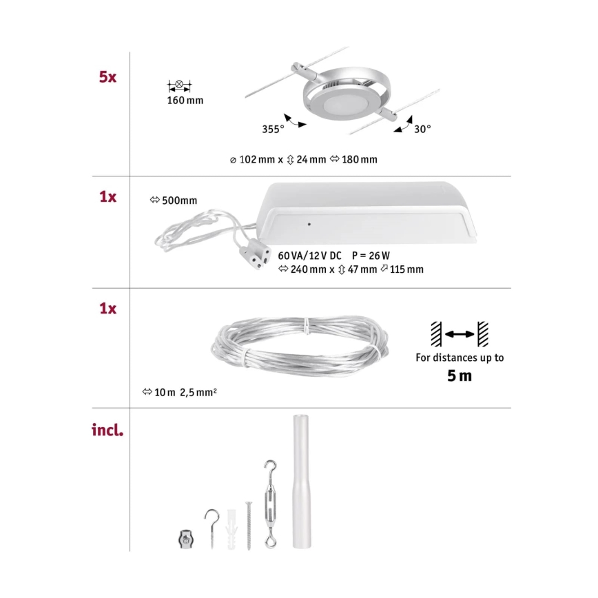 Paulmann 94414 - KOMPLEKT 5xLED/4,5W Kohtvalgusti nöörisüsteemile ROUNDMAC 230V läikiv kroom