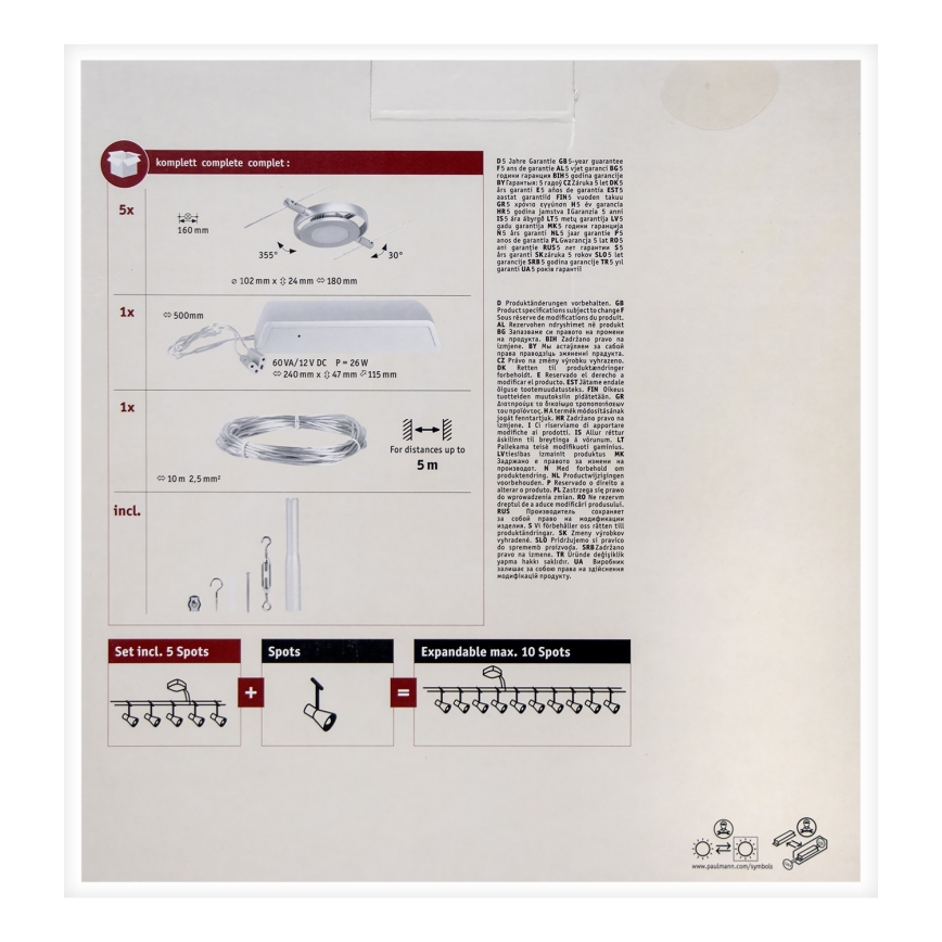 Paulmann 94414 - KOMPLEKT 5xLED/4,5W Kohtvalgusti nöörisüsteemile ROUNDMAC 230V läikiv kroom