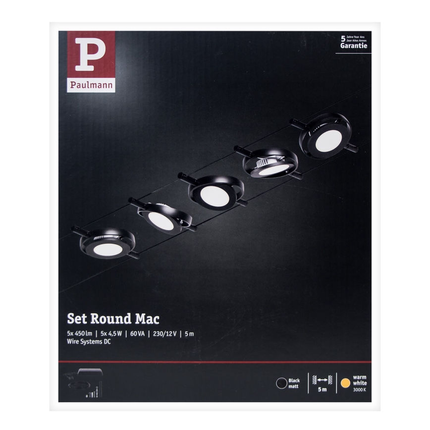 Paulmann 94418 - KOMPLEKT 5xLED/4,5W Kohtvalgusti nöörisüsteemile ROUNDMAC 230V must